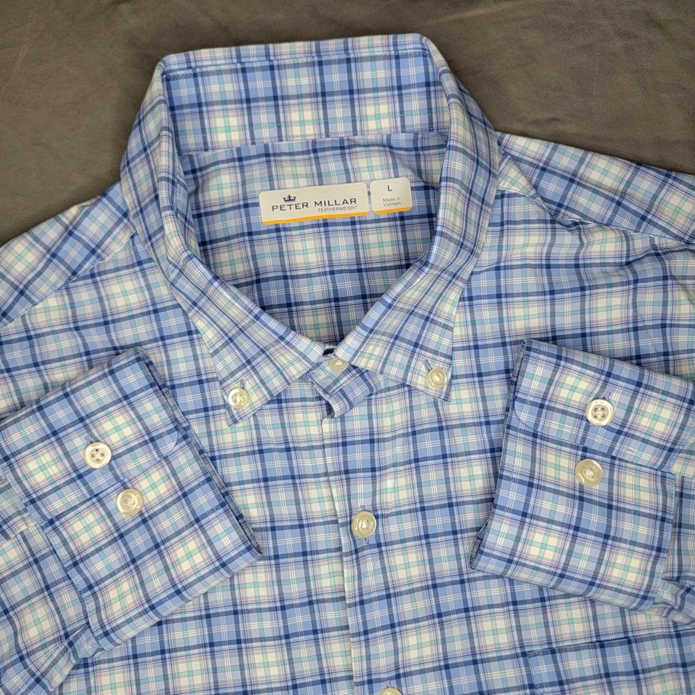 Peter Millar Featherweight Button Down Long Sleeve Shirt Men's Large Blue Plaid